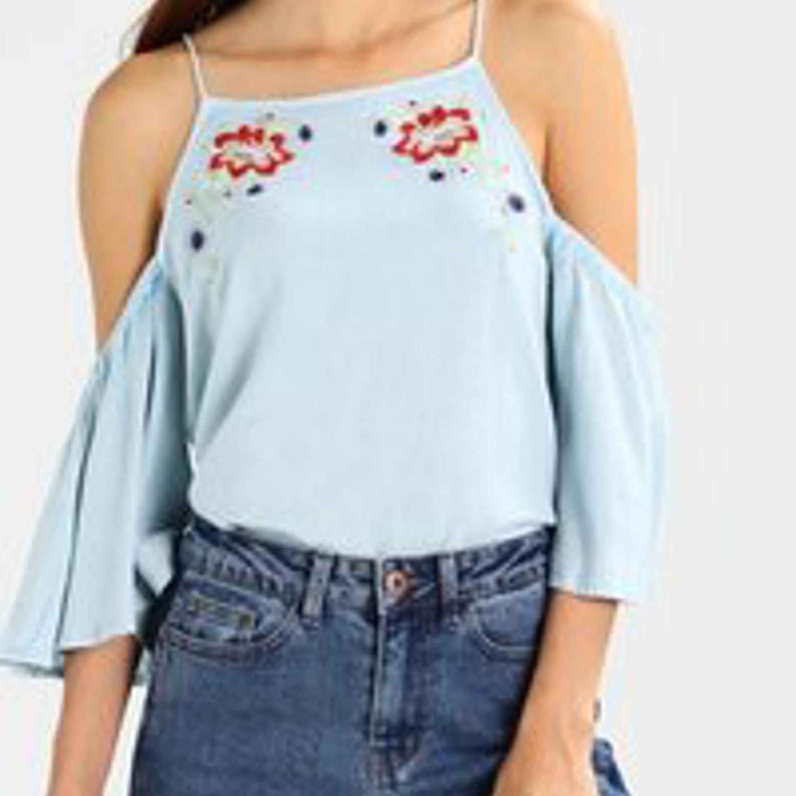 BNWT New Look Denim look Cold Shoulder Embroidered Top, size 14, rrp £24.99