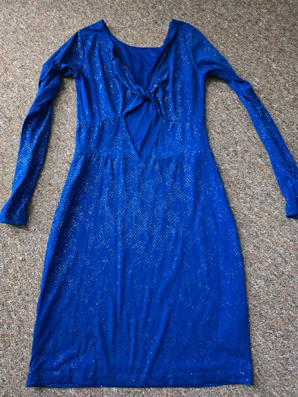 Topshop Blue glitter lurex knot twist back long sleeve mini dress, size 10