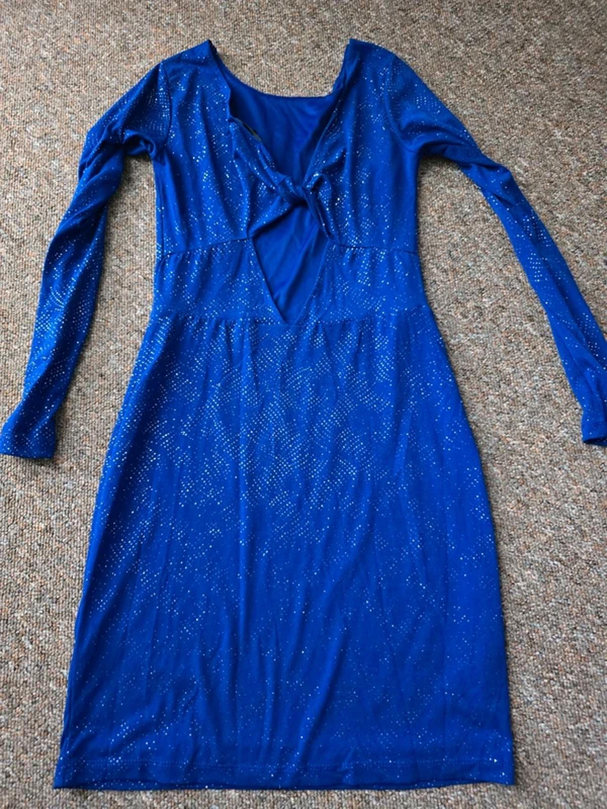 Topshop Blue glitter lurex knot twist back long sleeve mini dress, size 10