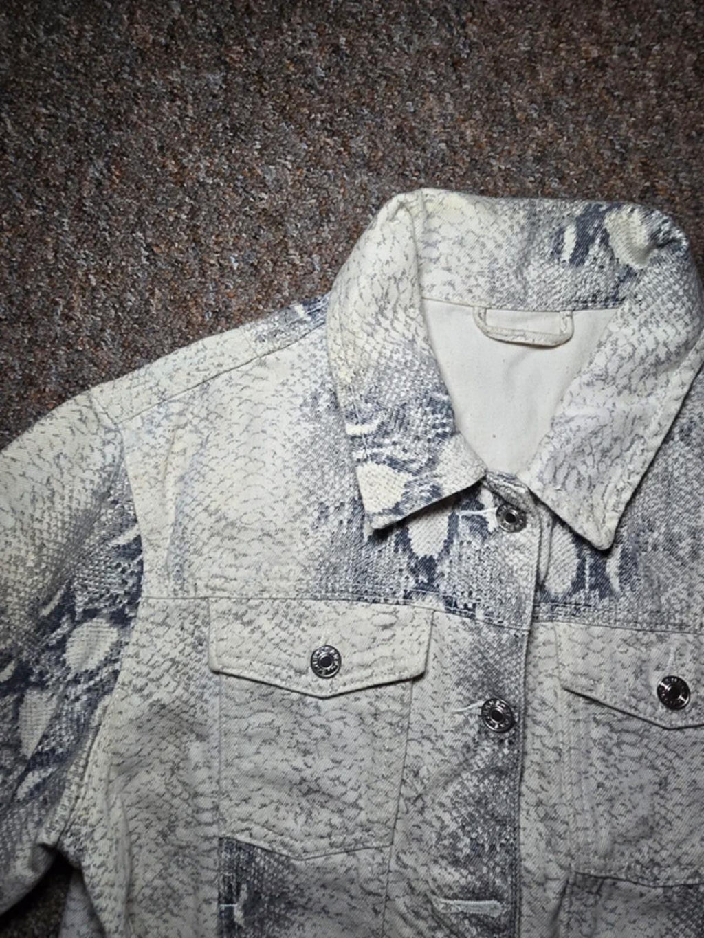 Grey Snakeskin Print Cropped Denim Jacket Raw Hem S, oversized, boxy, blogger
