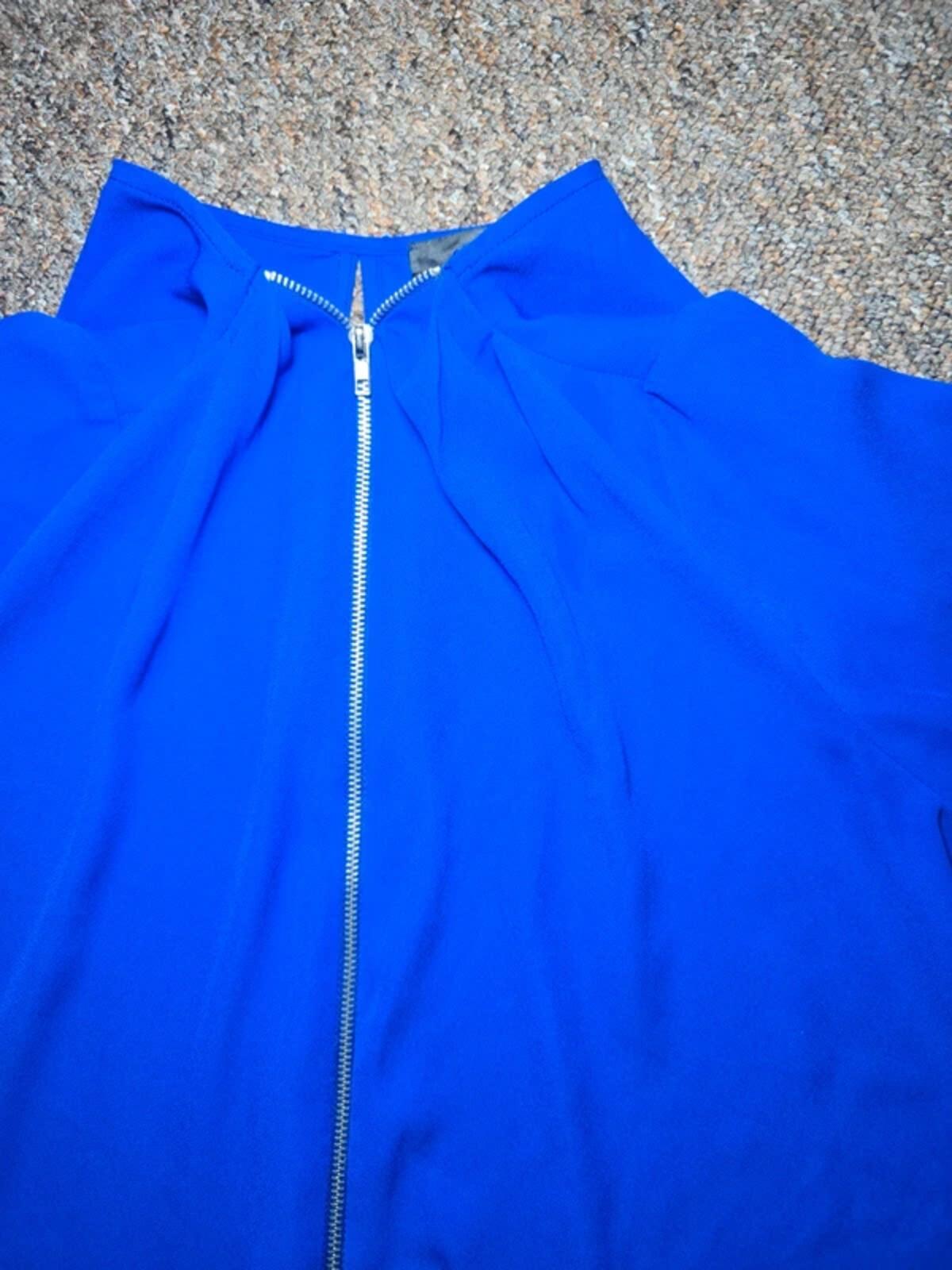 AQUA Royal Blue Chiffon Long sleeve Blouse, Quarter Zip Detail, Size M
