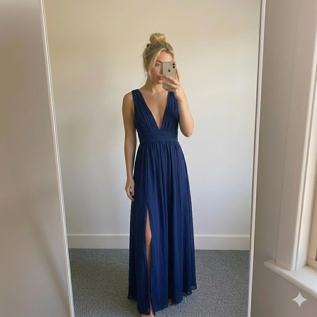 Lulus Navy Heavenly Hues Sleeveless V-Neck Maxi Dress Size XS, side split