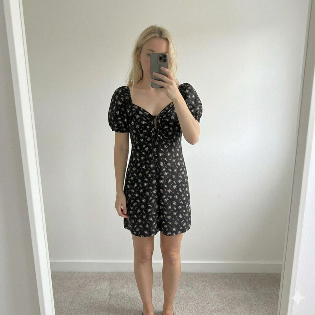 Black Linen Blend Floral Puff Sleeve Tie Front Mini Dress, size M
