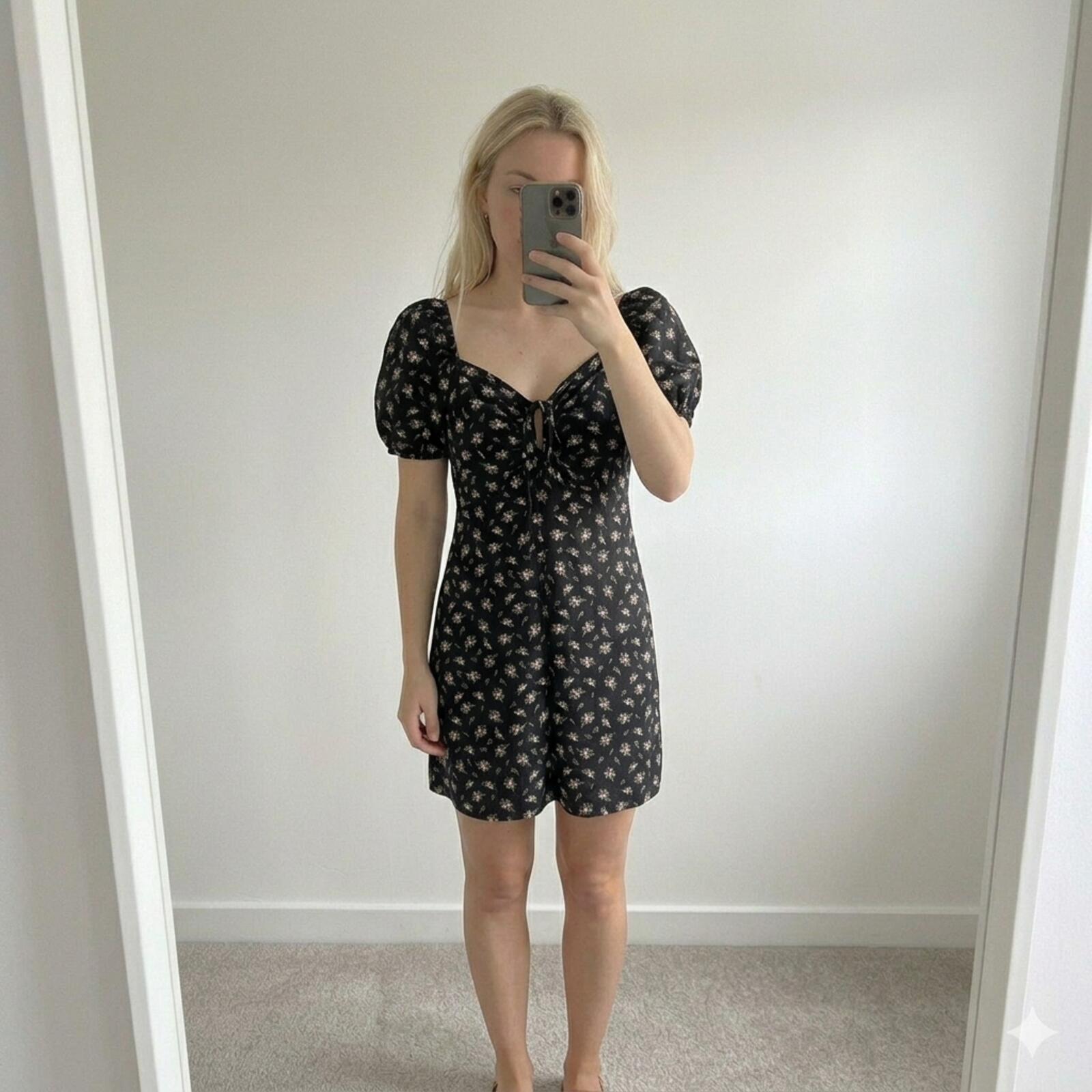 Black Linen Blend Floral Puff Sleeve Tie Front Mini Dress, size M
