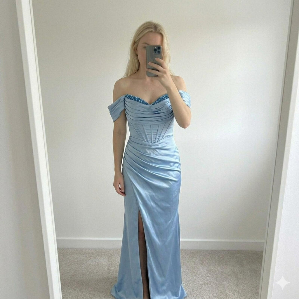 Elegant Light Blue Satin Off-Shoulder Evening Dress with Beaded Detail BNWT Prom