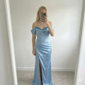 Elegant Light Blue Satin Off-Shoulder Evening Dress with Beaded Detail BNWT Prom