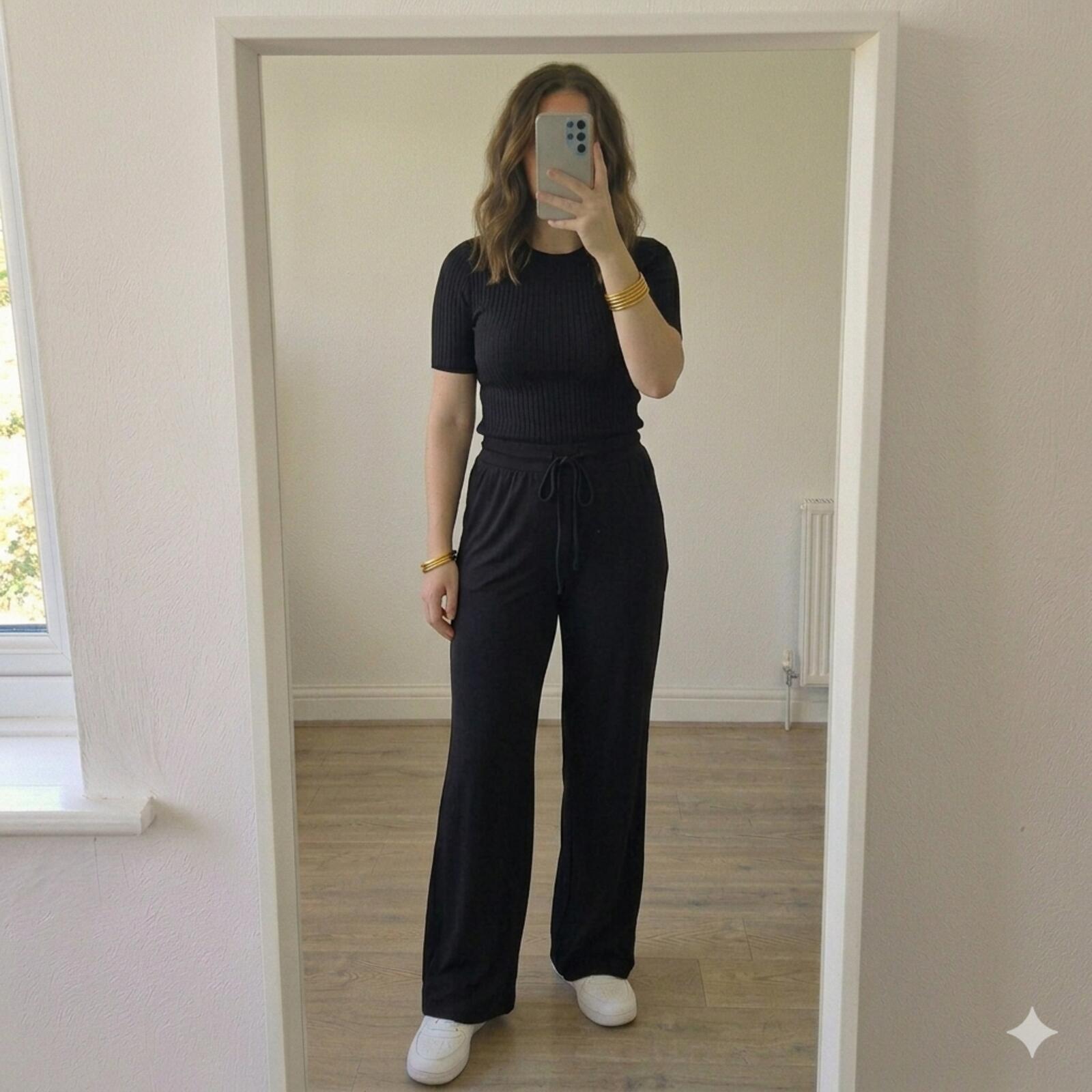 Black Tall L Wide Leg Lounge Trousers, supersoft stretchy drawstring waist