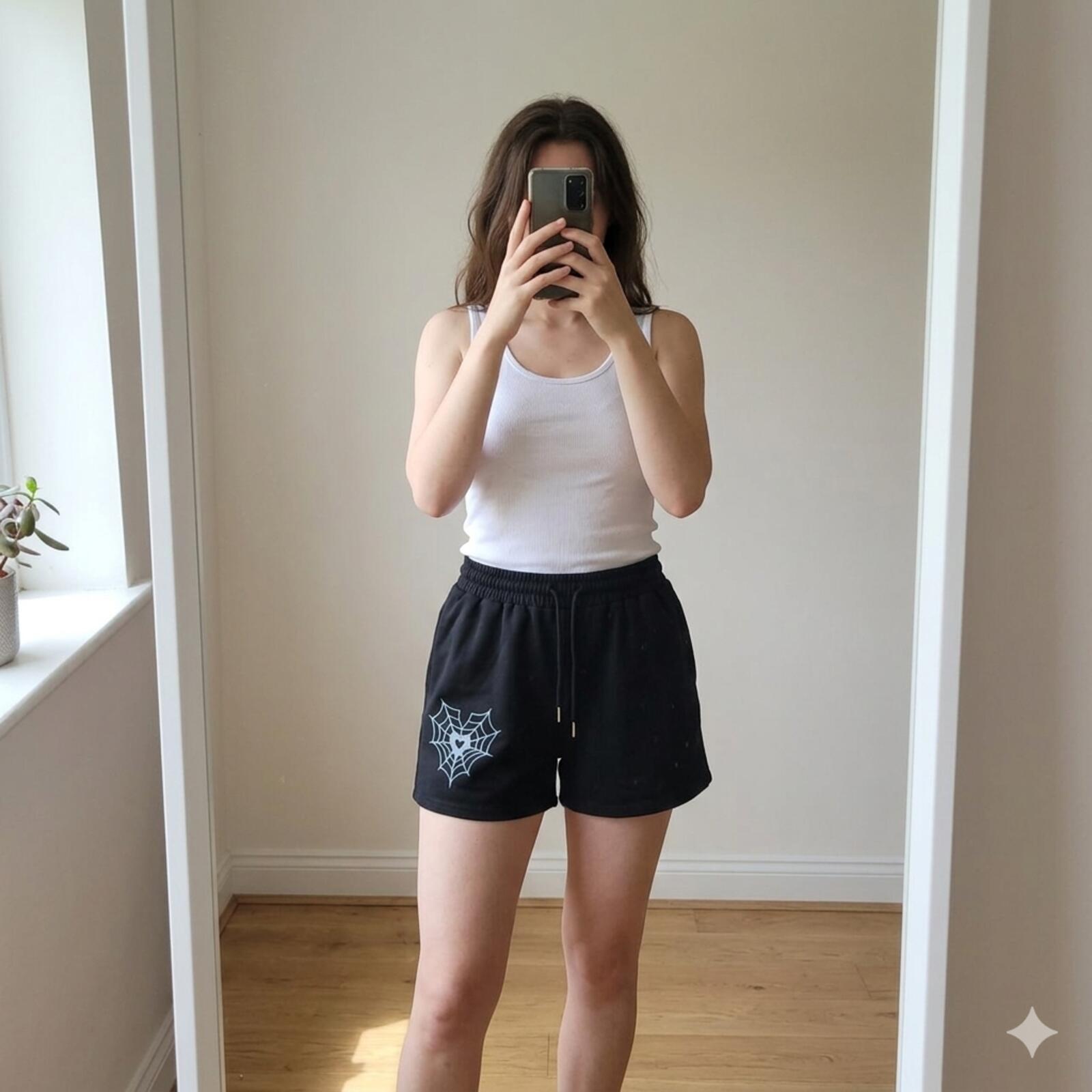Black Spiderweb Heart Graphic Drawstring Relaxed Fit Lounge Shorts, size L