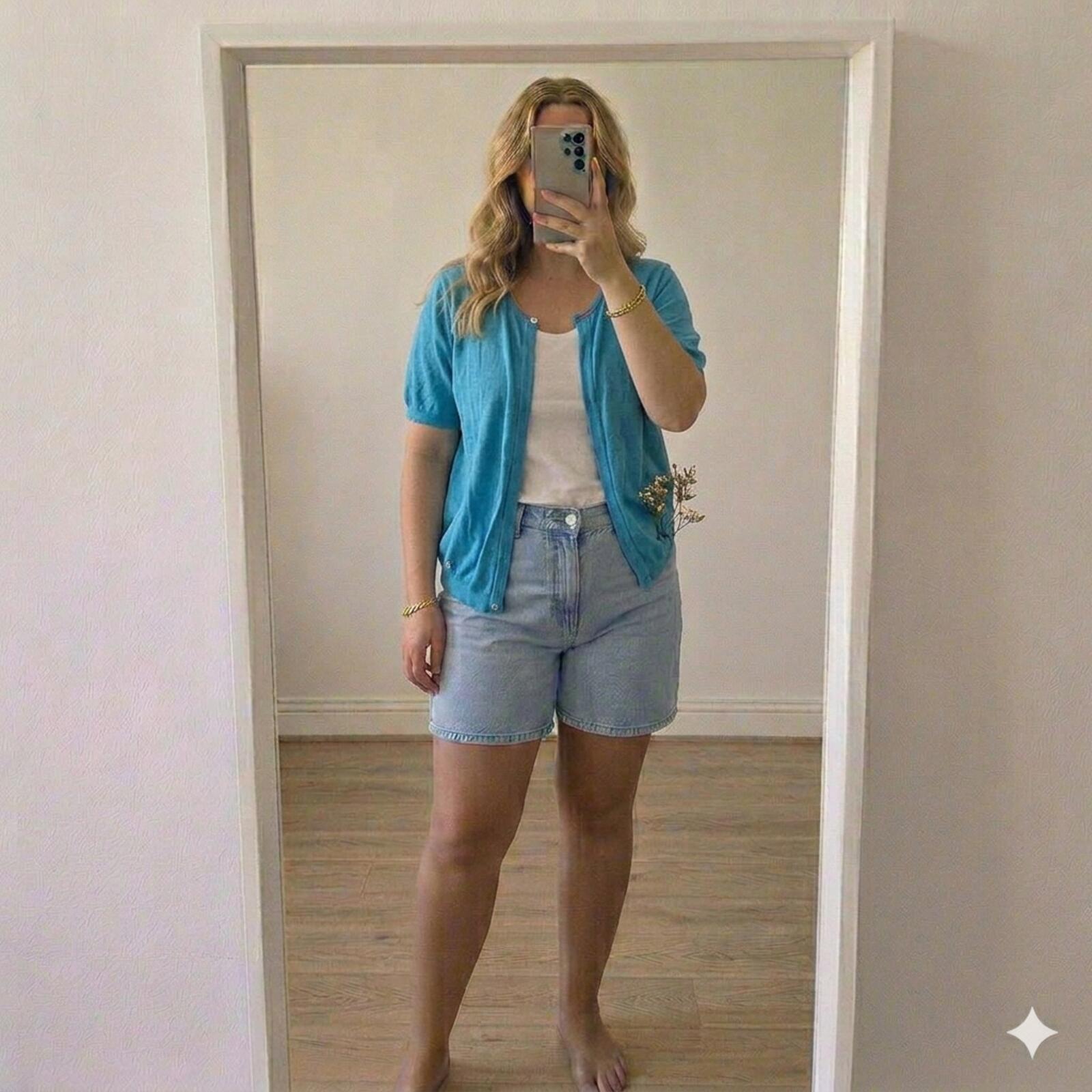 Blue Short Sleeve Knit Cardigan with Heart Buttons - Regular 16, loose fit