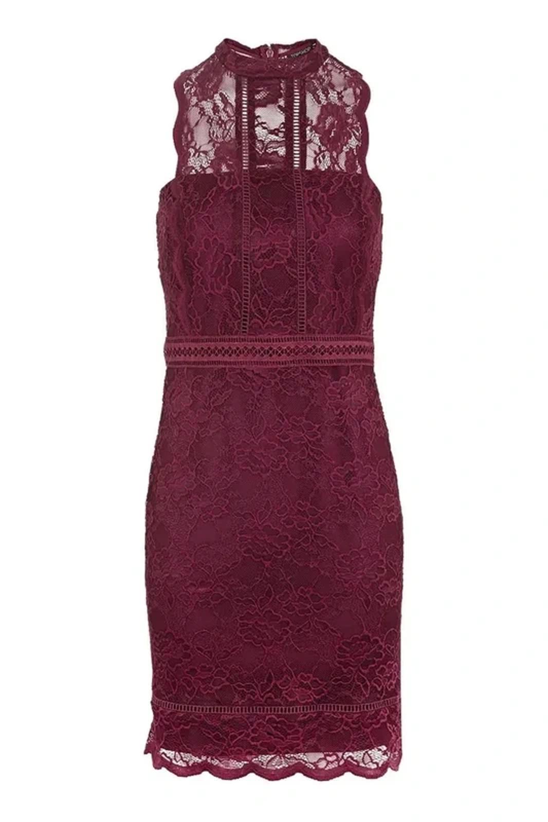 Topshop burgundy sleeveless lace mini dress with high neck, size 10, wedding