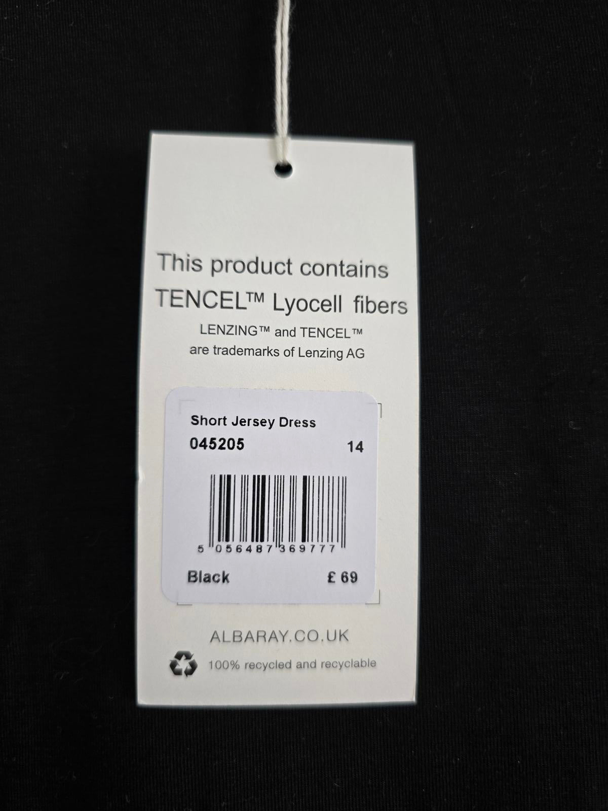 Albaray Black Short Jersey Dress, BNWT, Size 14,  rrp £69, Sustainable Tencel