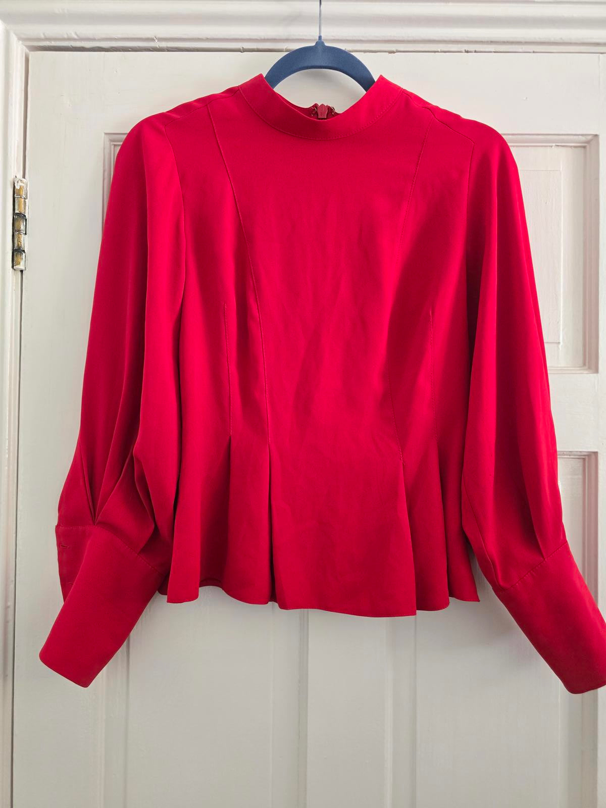TOPSHOP High Neck Peplum Blouse Top, Vibrant Red, Size 10, Long Sleeve