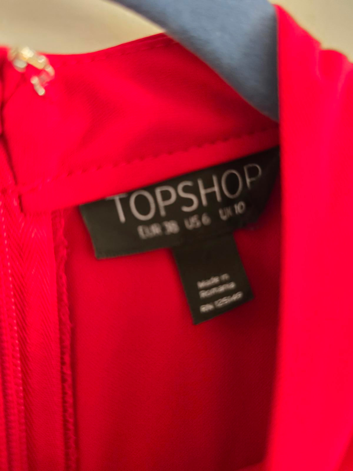 TOPSHOP High Neck Peplum Blouse Top, Vibrant Red, Size 10, Long Sleeve