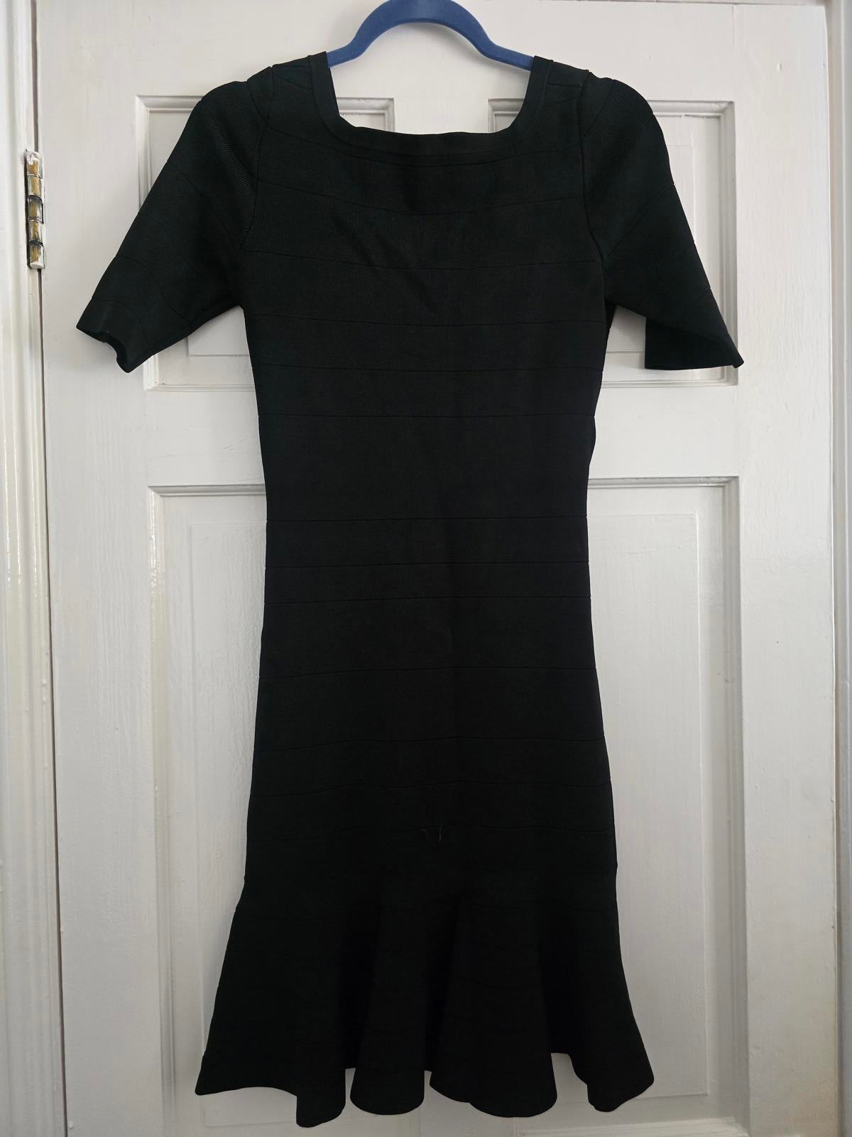 Karen Millen Signature Bandage Knit Dress, Black, Square Neck, Frill Hem, 12/14