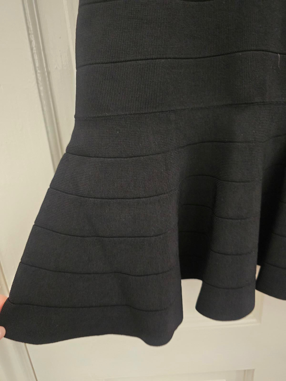Karen Millen Signature Bandage Knit Dress, Black, Square Neck, Frill Hem, 12/14