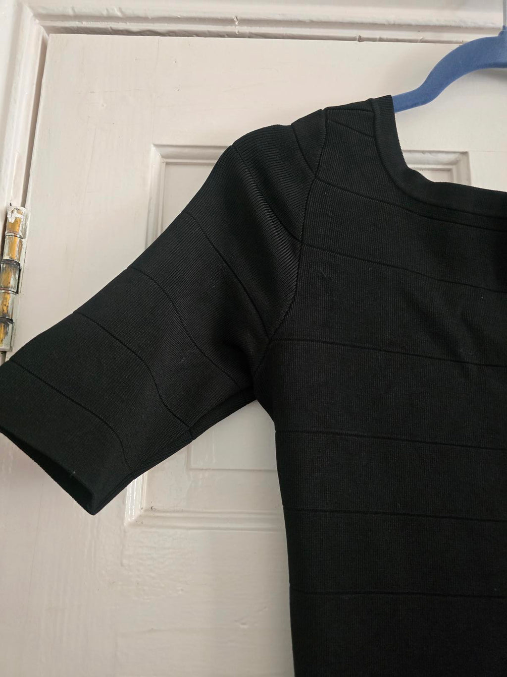 Karen Millen Signature Bandage Knit Dress, Black, Square Neck, Frill Hem, 12/14