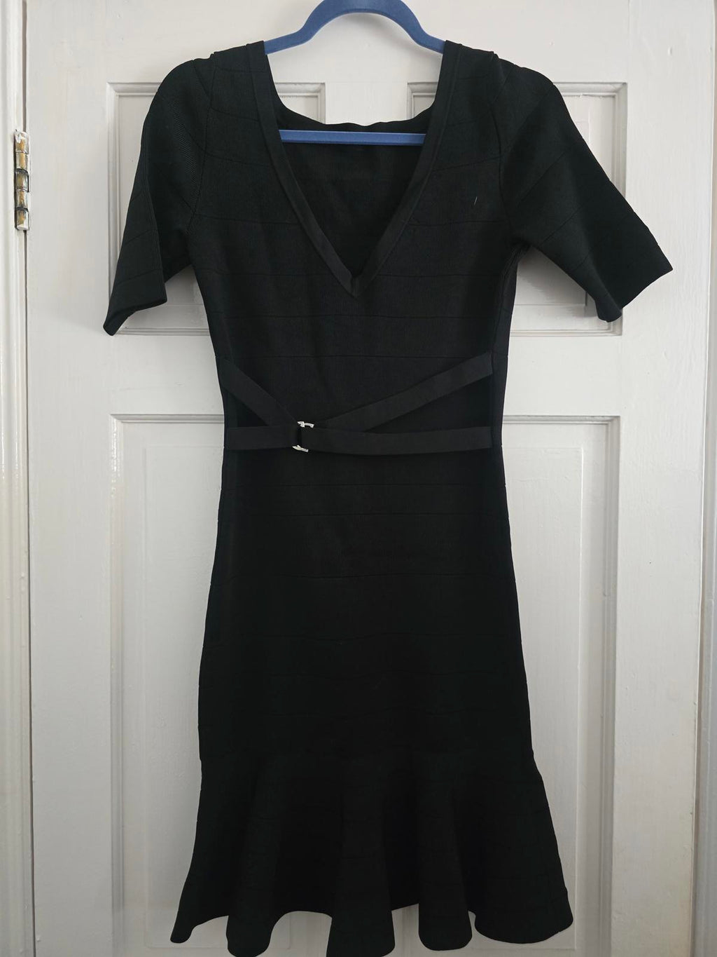 Karen Millen Signature Bandage Knit Dress, Black, Square Neck, Frill Hem, 12/14