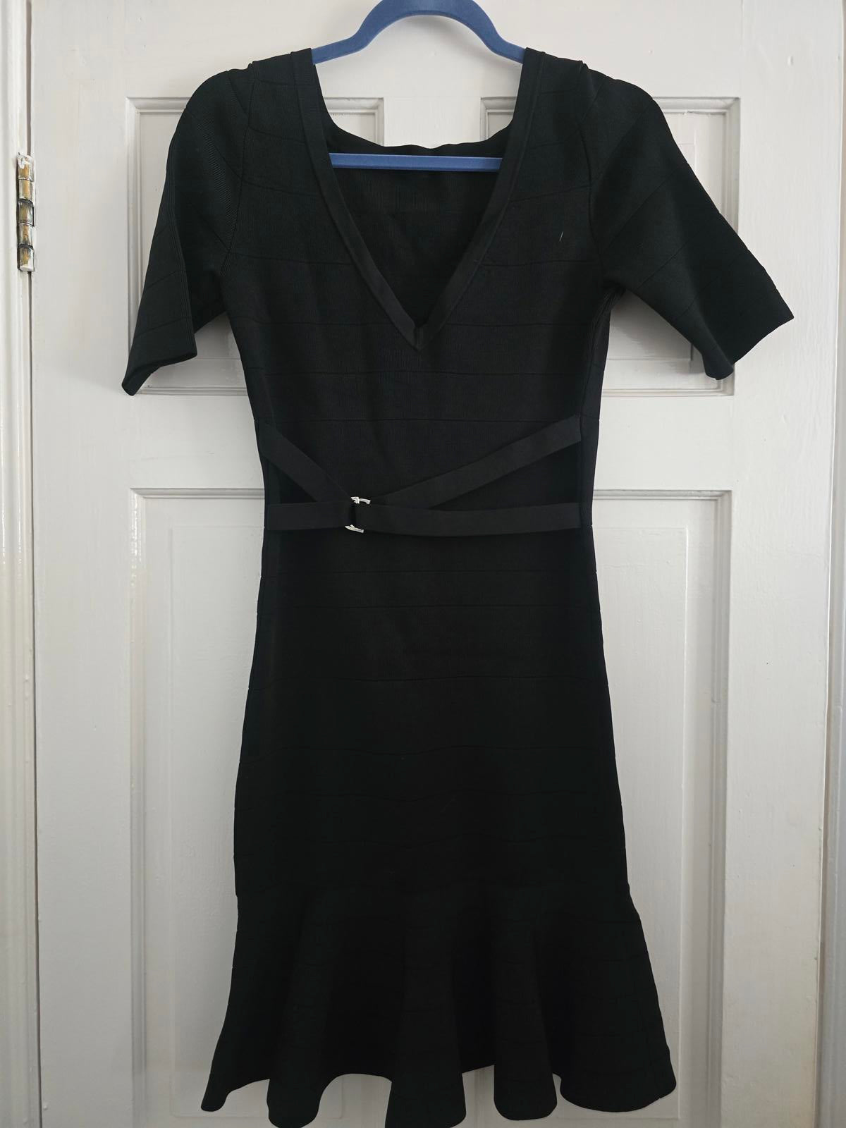 Karen Millen Signature Bandage Knit Dress, Black, Square Neck, Frill Hem, 12/14