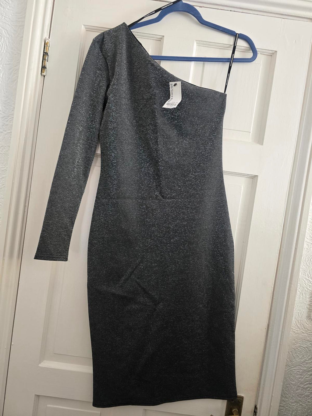 Warehouse Metallic Grey One-Shoulder Long Sleeve Bodycon Dress BNWT, 12, rrp £49
