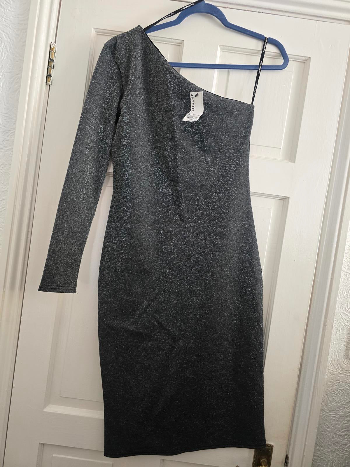 Warehouse Metallic Grey One-Shoulder Long Sleeve Bodycon Dress BNWT, 12, rrp £49