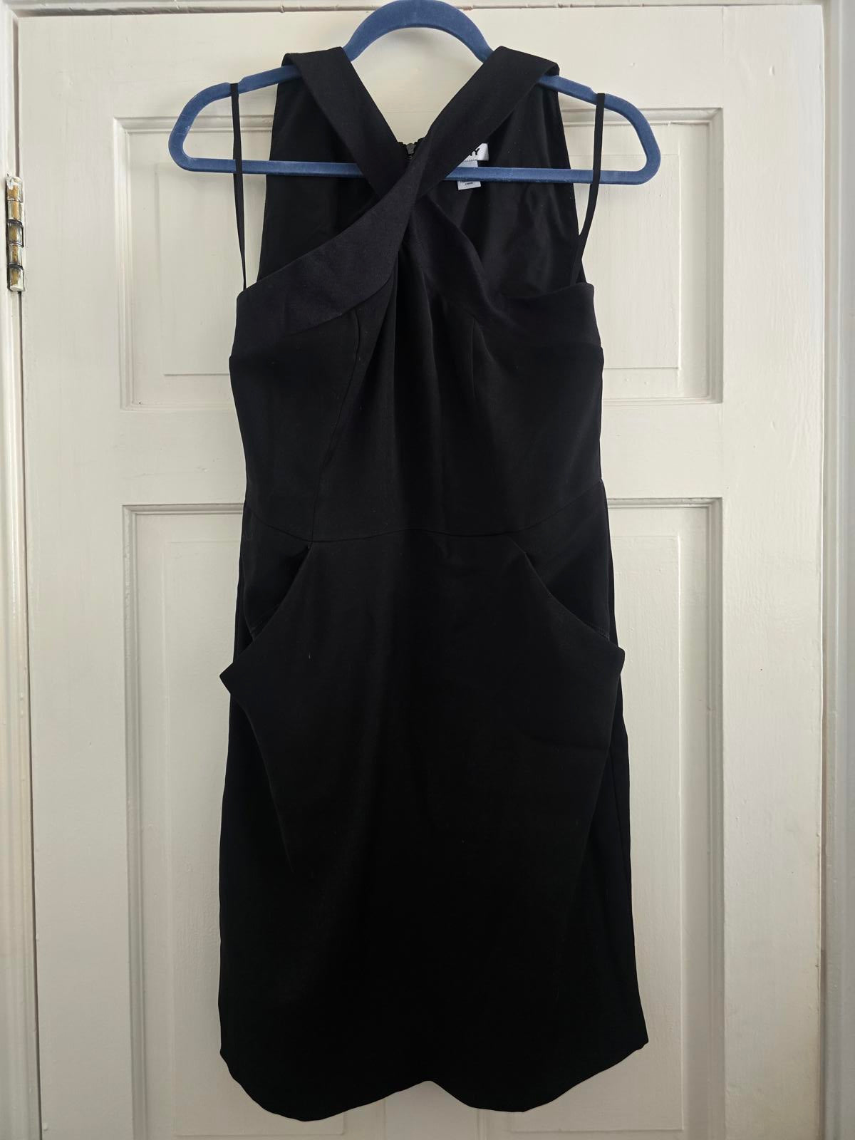 DKNY designer Black Sleeveless Dress, Cross Front Detail Keyhole & Back Zipper