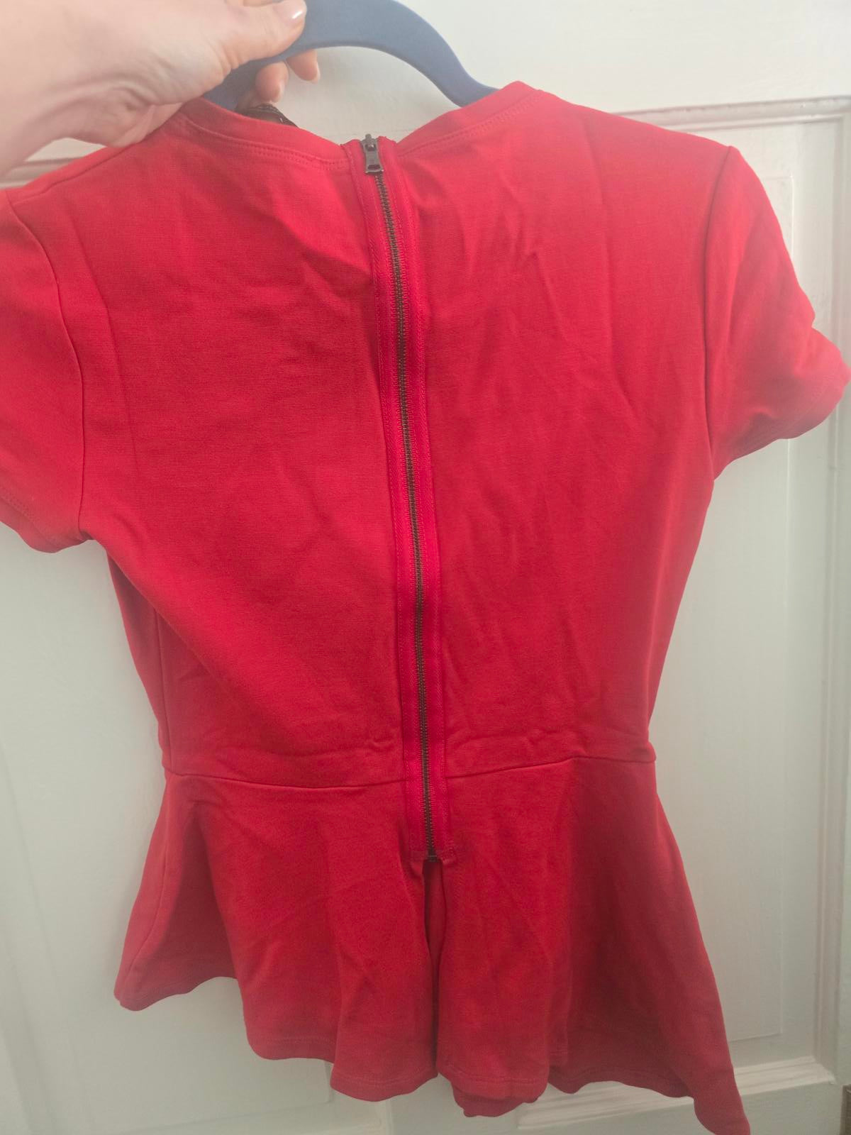 BCBGMAXAZRIA Red Asymmetric Peplum Top, style Harlee, size XS 8/10
