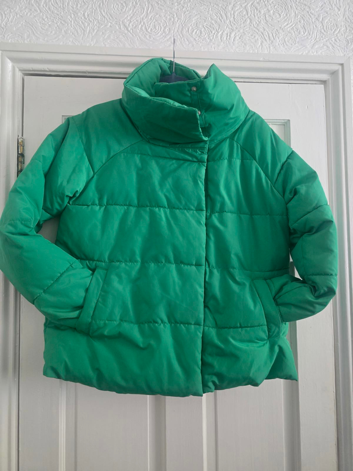 Green Puffer Quilted Jacket, high collar neck, Size 12, padded coat