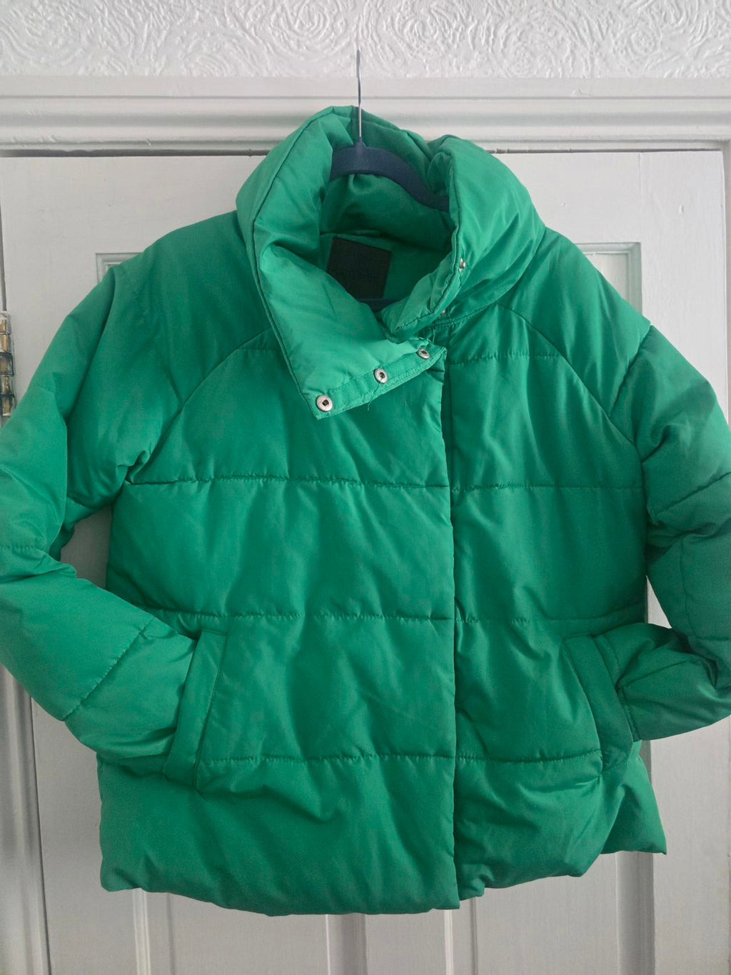 Green Puffer Quilted Jacket, high collar neck, Size 12, padded coat