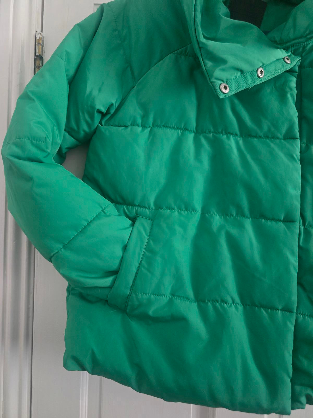 Green Puffer Quilted Jacket, high collar neck, Size 12, padded coat