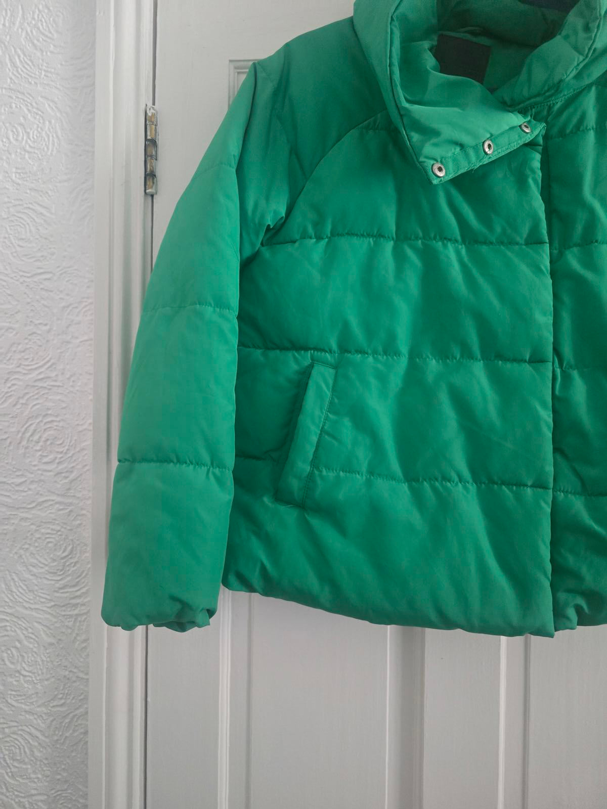 Green Puffer Quilted Jacket, high collar neck, Size 12, padded coat