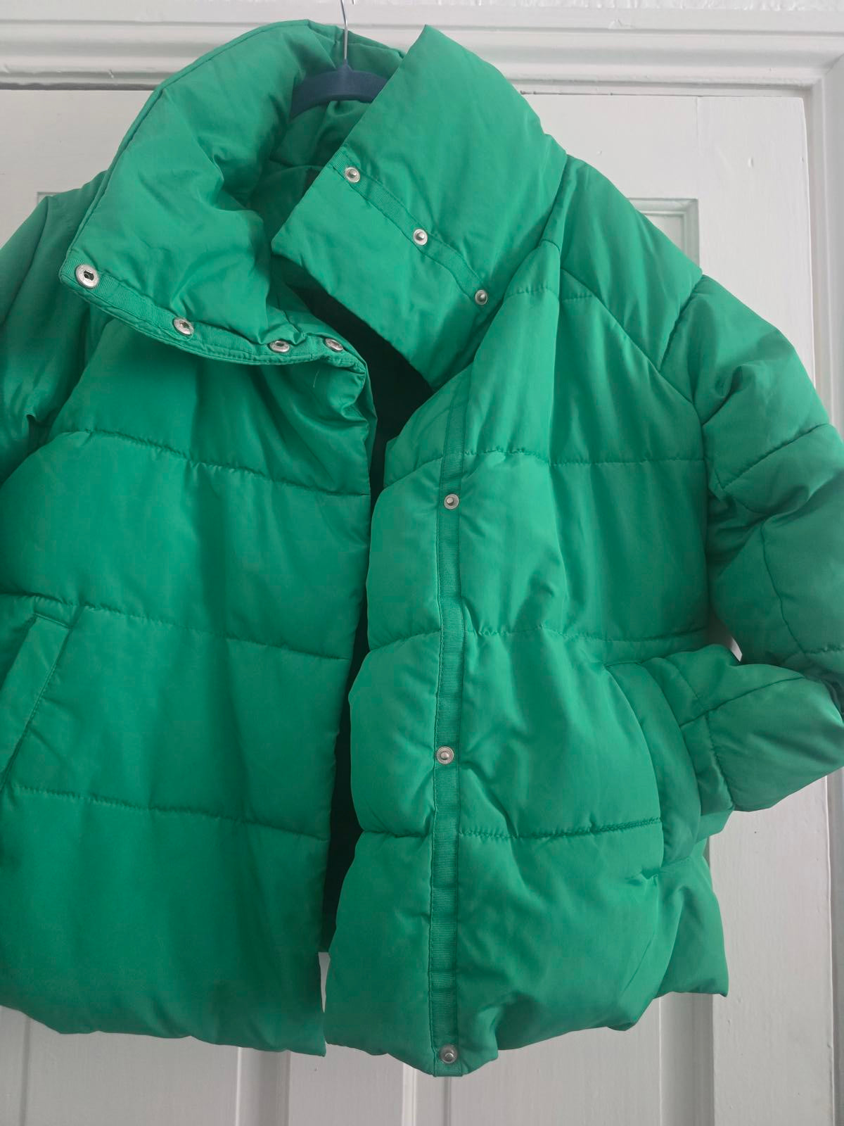 Green Puffer Quilted Jacket, high collar neck, Size 12, padded coat