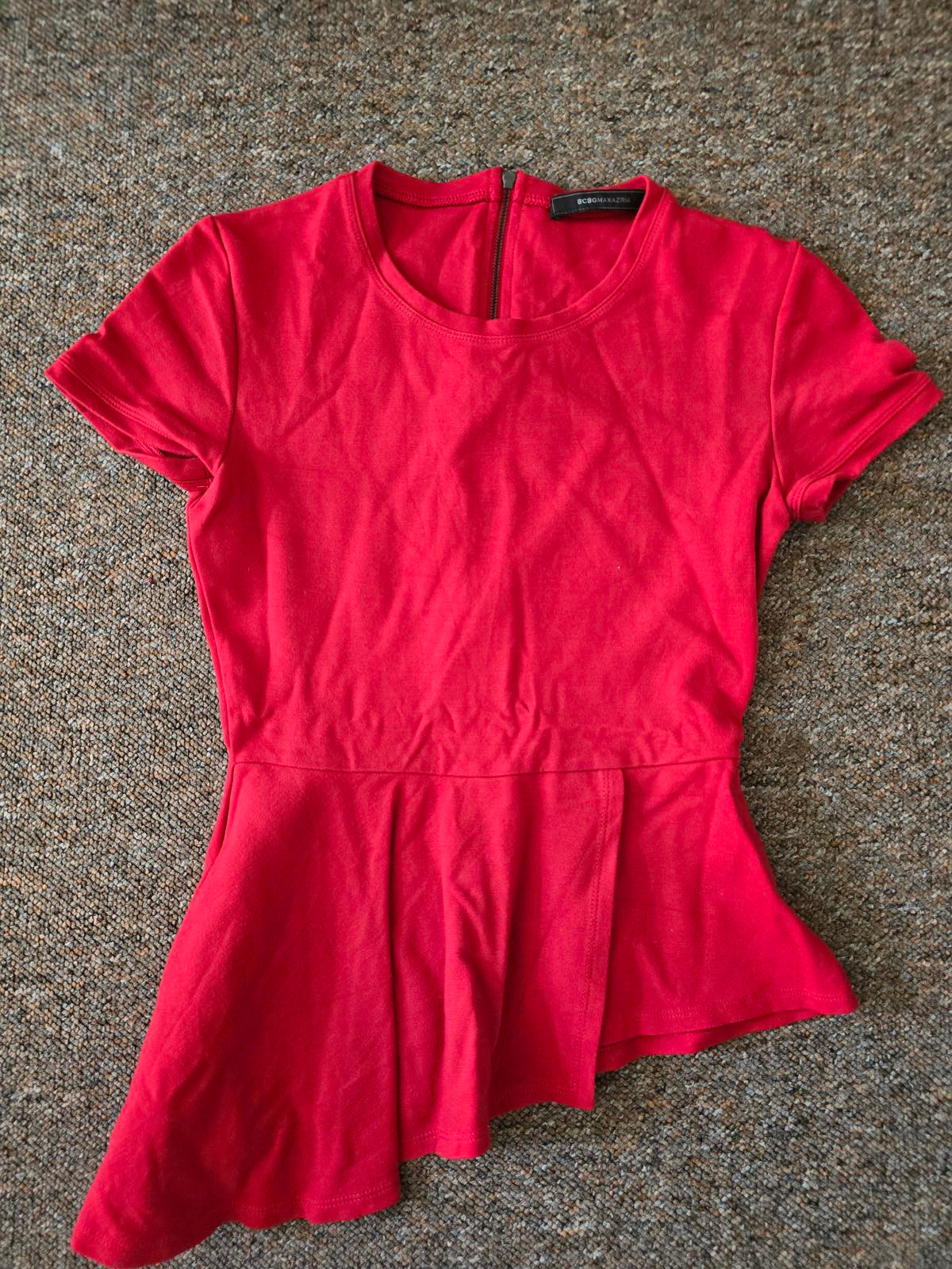 BCBGMAXAZRIA Red Asymmetric Peplum Top, style Harlee, size XS 8/10