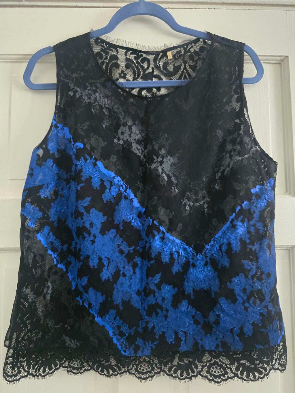 Elie Tahari Black and Blue Lace Sleeveless Top, luxury, designer, size M