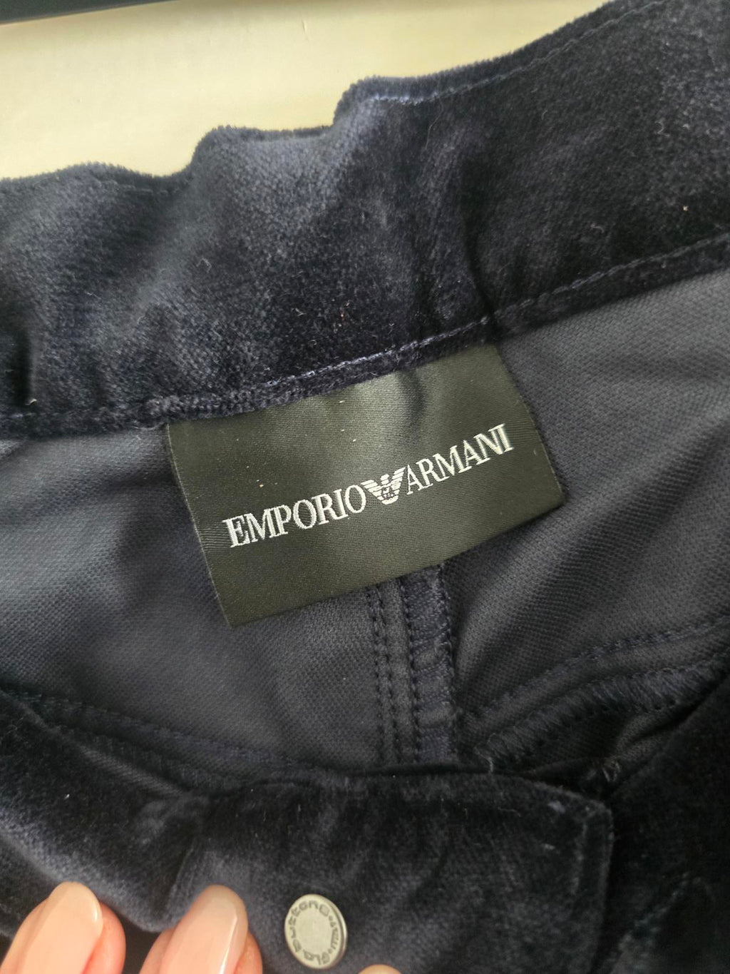Emporio Armani Dark Navy Velvet 5-Pocket Jeans, size 31, luxury, designer denim