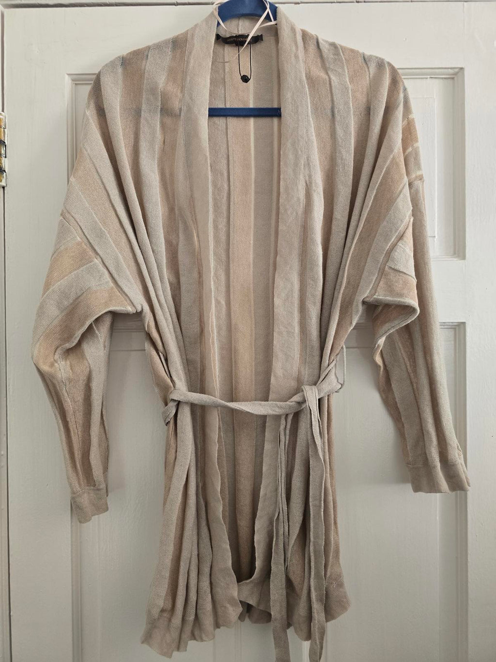 Adolfo Dominguez Lightweight Beige Cream Striped Knit Cardigan Belt, rrp £120 L