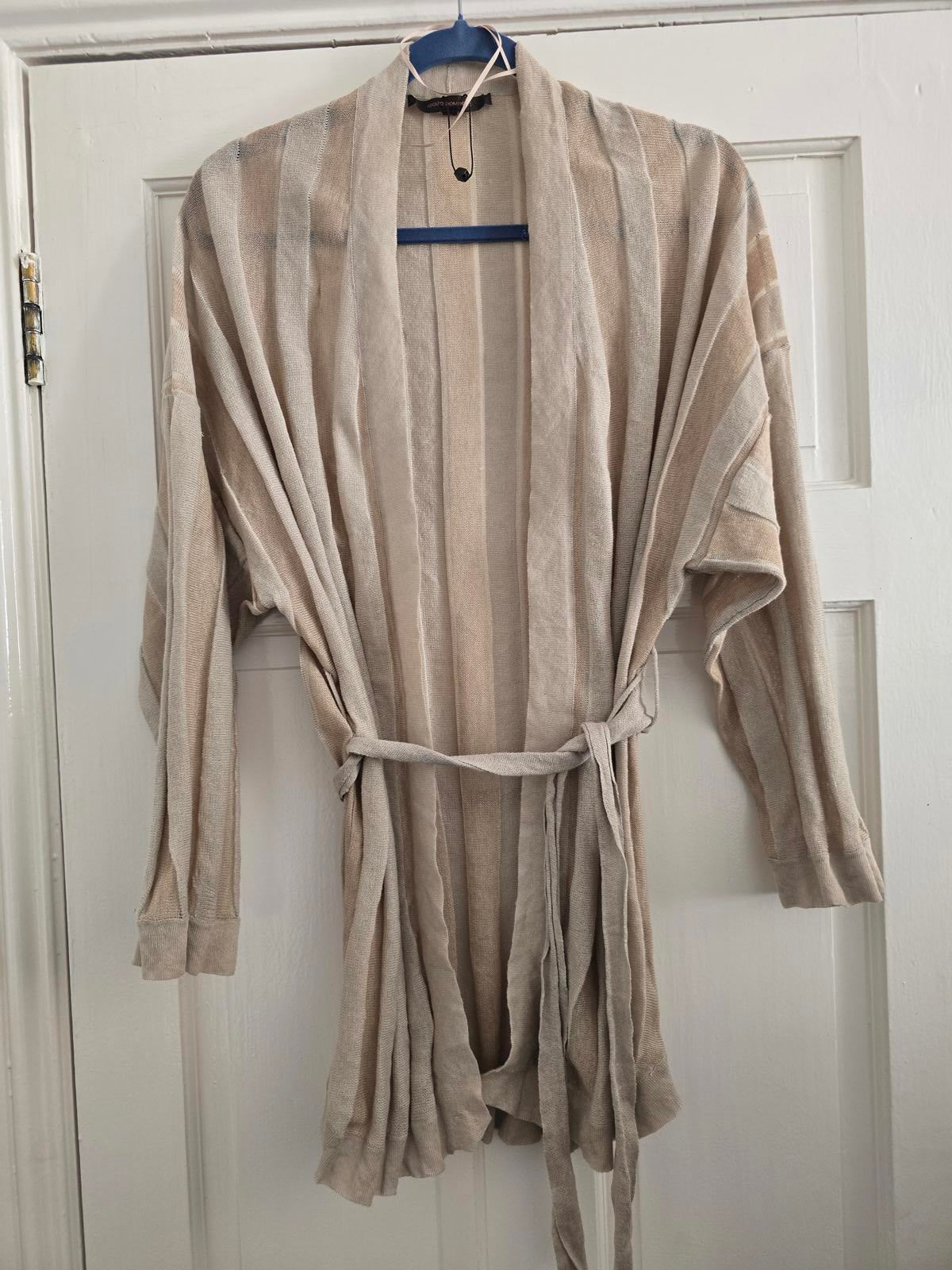 Adolfo Dominguez Lightweight Beige Cream Striped Knit Cardigan Belt, rrp £120 L