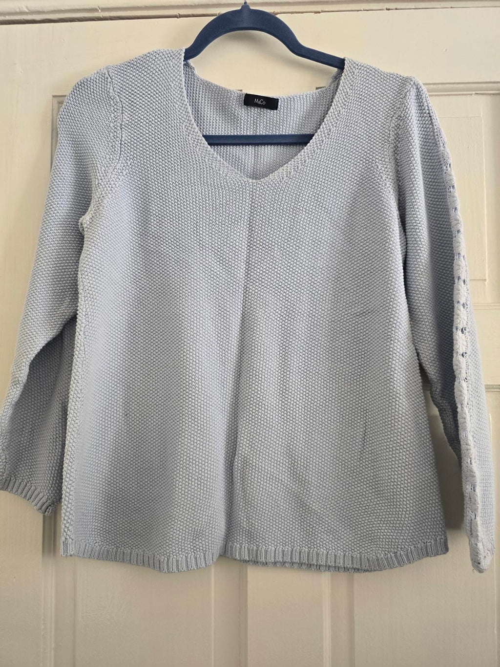 M&Co Light Blue Knit Jumper with Floral Lace Sleeve Detail Size 14