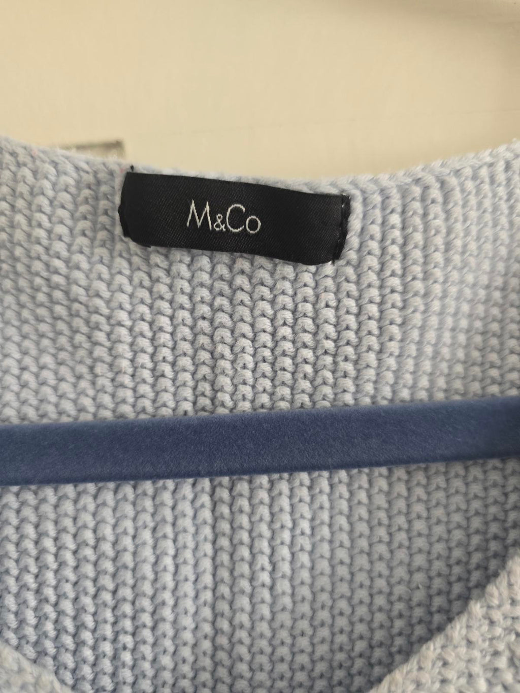 M&Co Light Blue Knit Jumper with Floral Lace Sleeve Detail Size 14