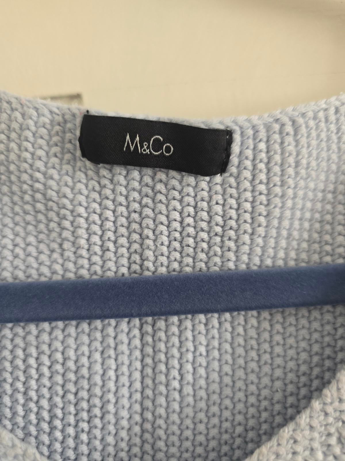 M&Co Light Blue Knit Jumper with Floral Lace Sleeve Detail Size 14
