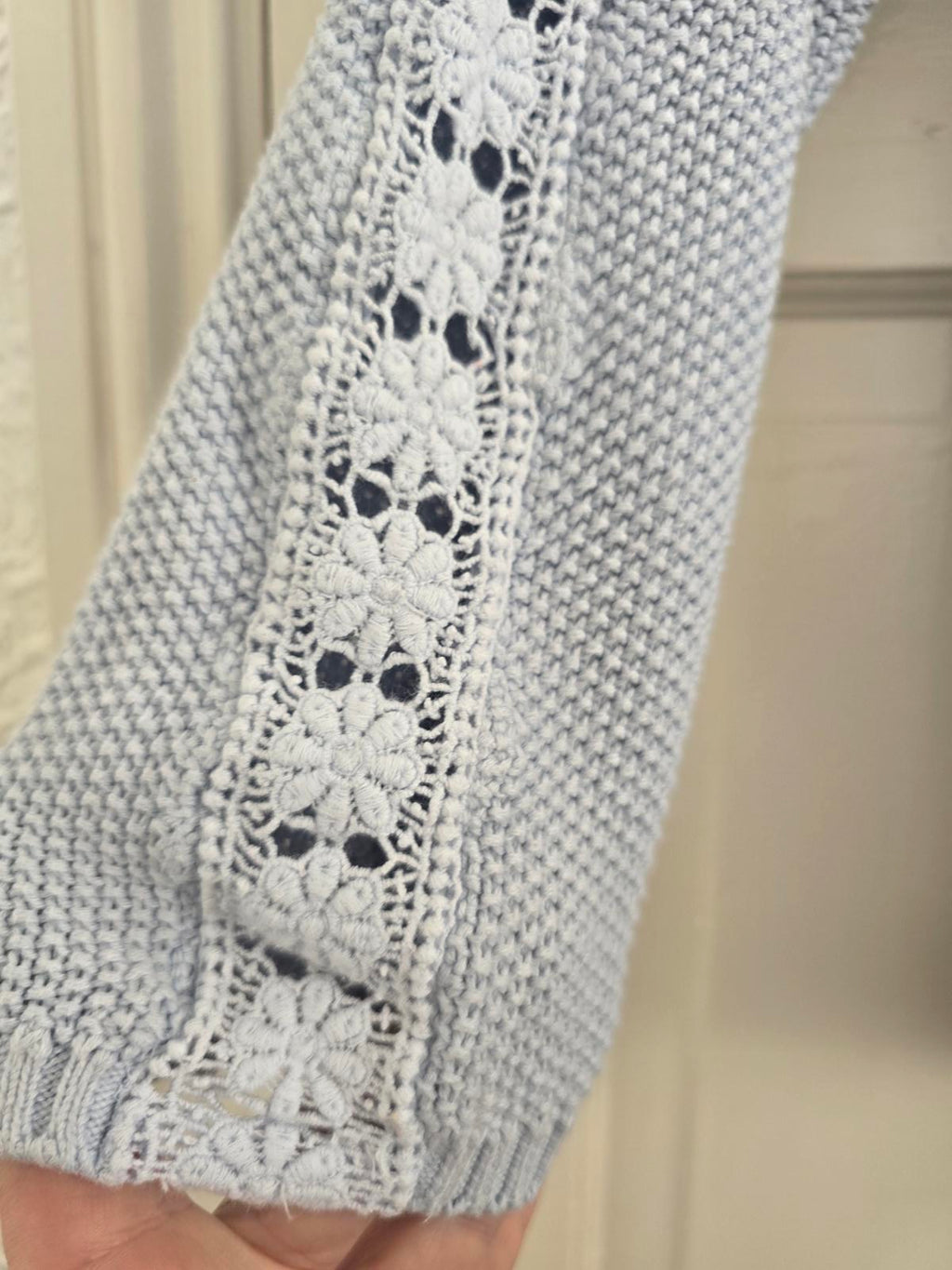 M&Co Light Blue Knit Jumper with Floral Lace Sleeve Detail Size 14