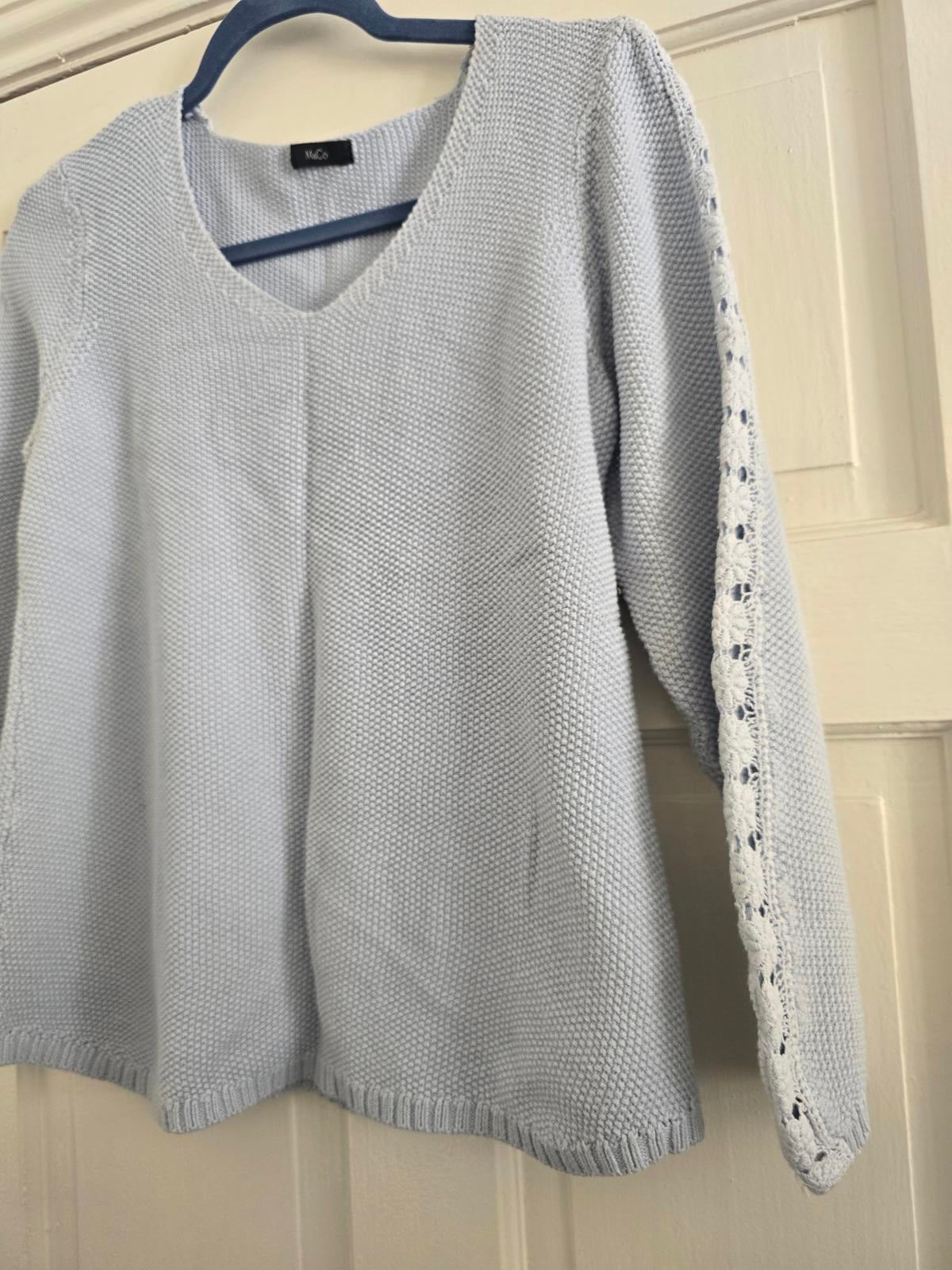 M&Co Light Blue Knit Jumper with Floral Lace Sleeve Detail Size 14