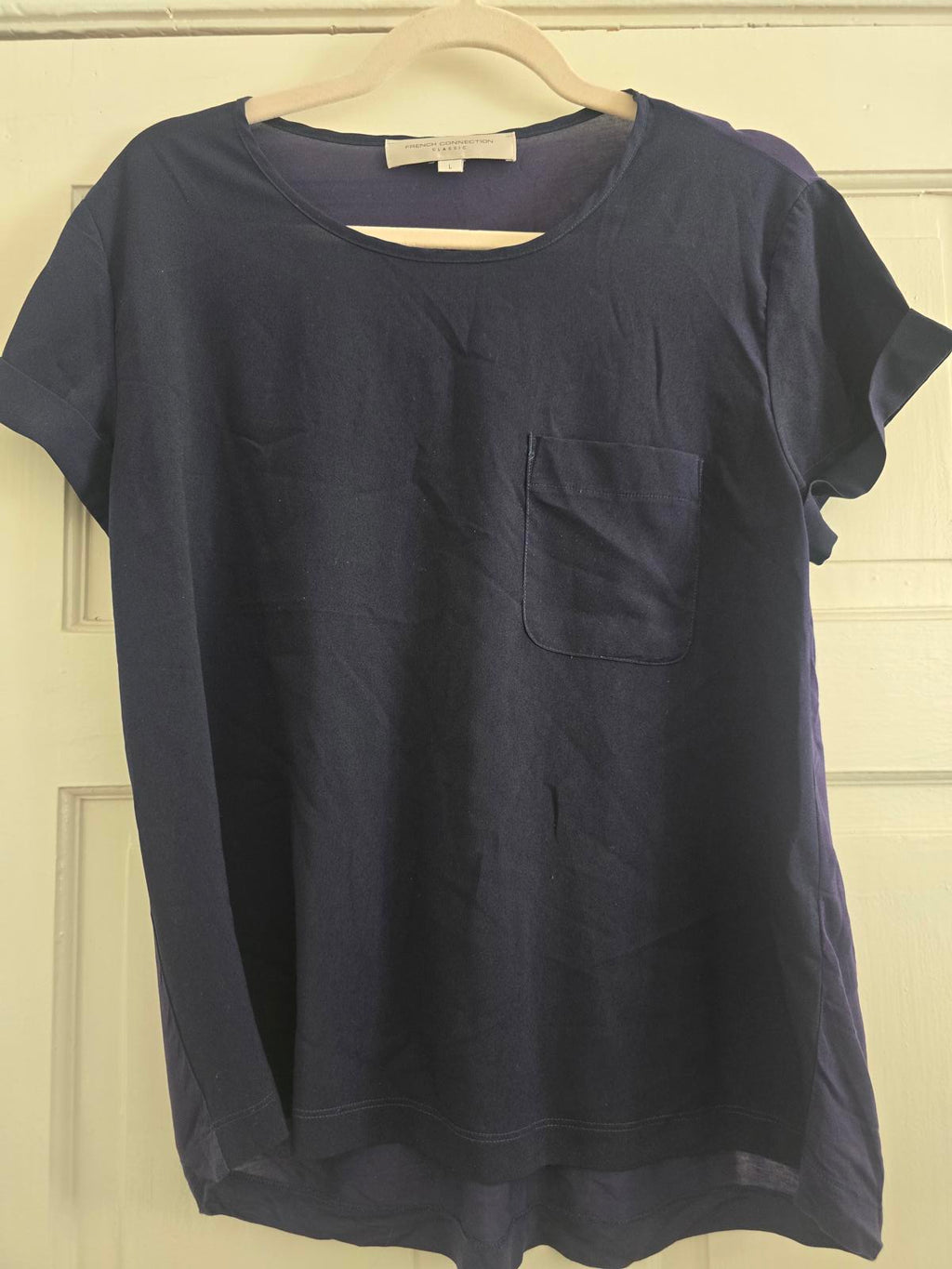 French Connection Navy Silk-Mix Panel Crew Neck Short sleeve T-Shirt, size L
