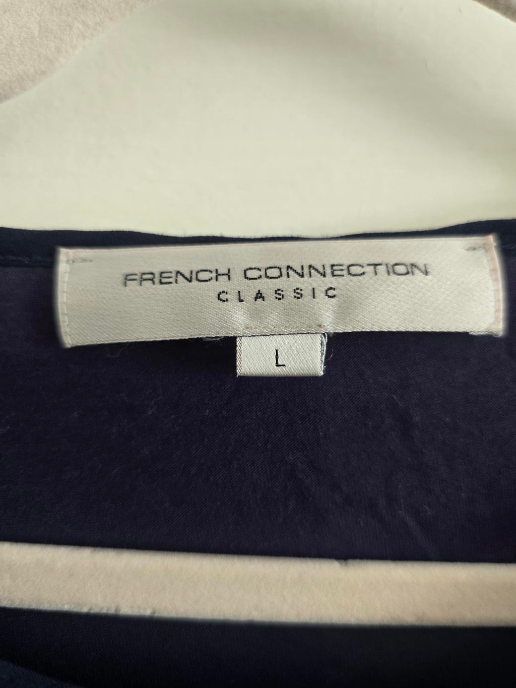 French Connection Navy Silk-Mix Panel Crew Neck Short sleeve T-Shirt, size L