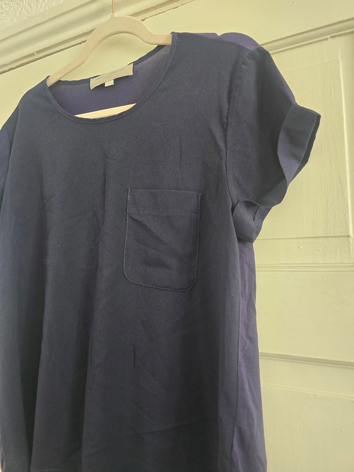 French Connection Navy Silk-Mix Panel Crew Neck Short sleeve T-Shirt, size L