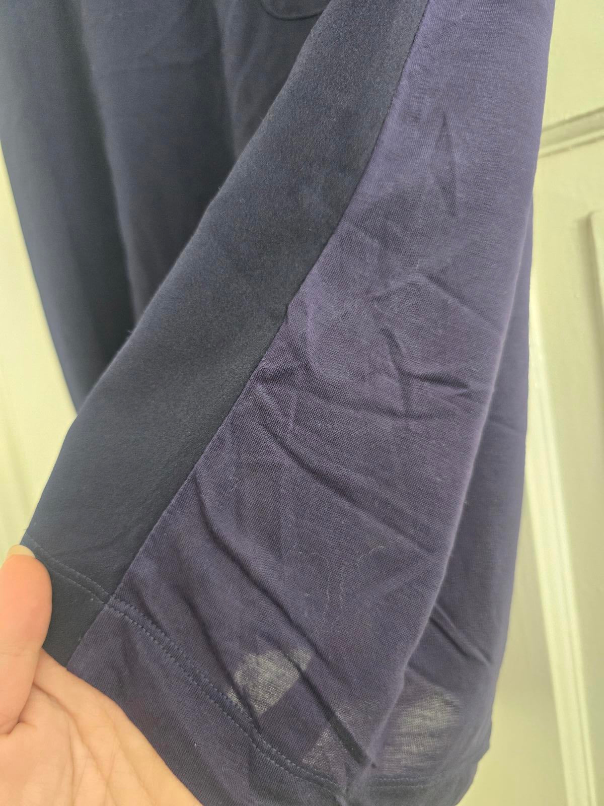 French Connection Navy Silk-Mix Panel Crew Neck Short sleeve T-Shirt, size L