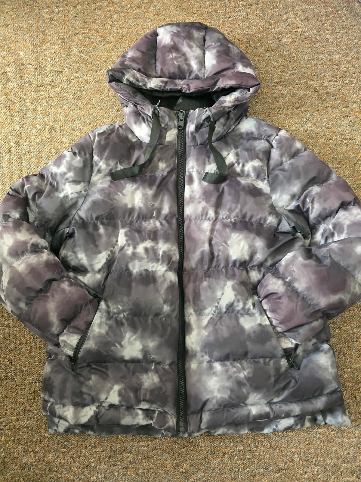 A.M. London Women's Puffer Jacket with Hood, Size 14, tie dye print, streetwear