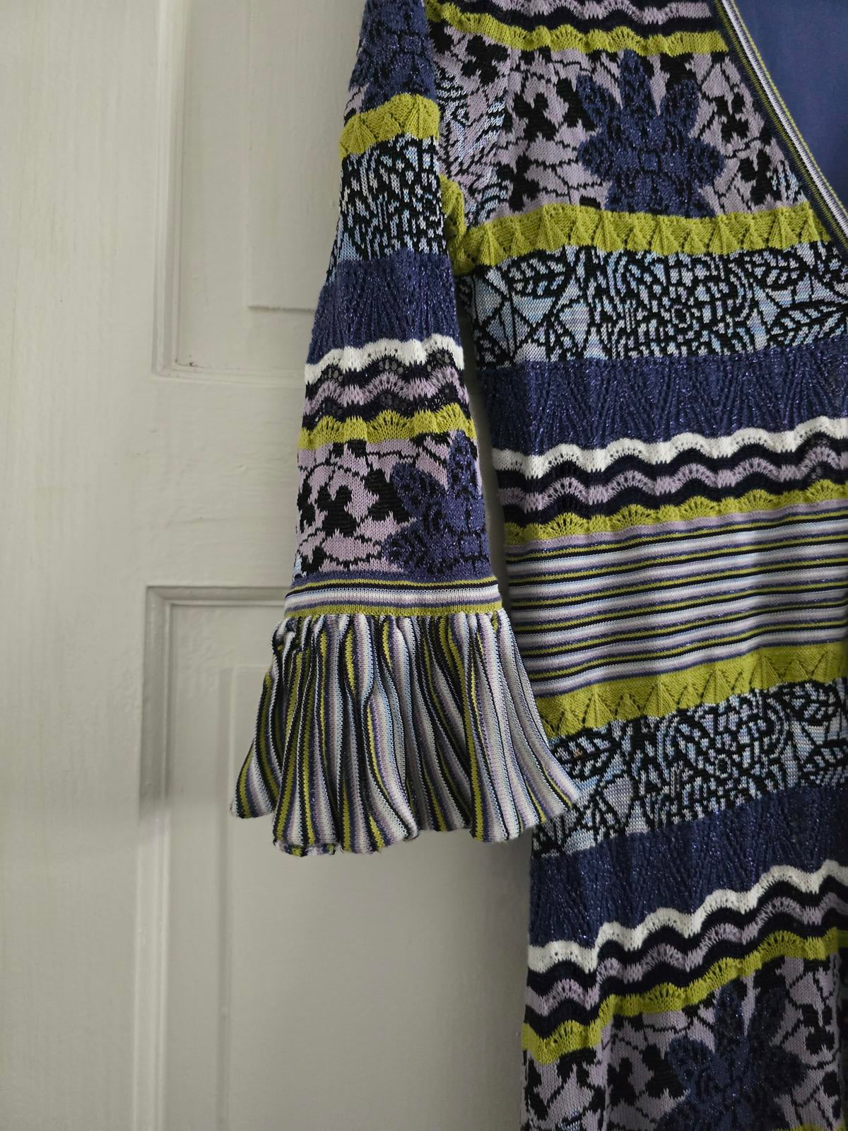 Karen Millen Thin Knitted Patterned Wrap Dress with Ruffle Trim, size 12/14