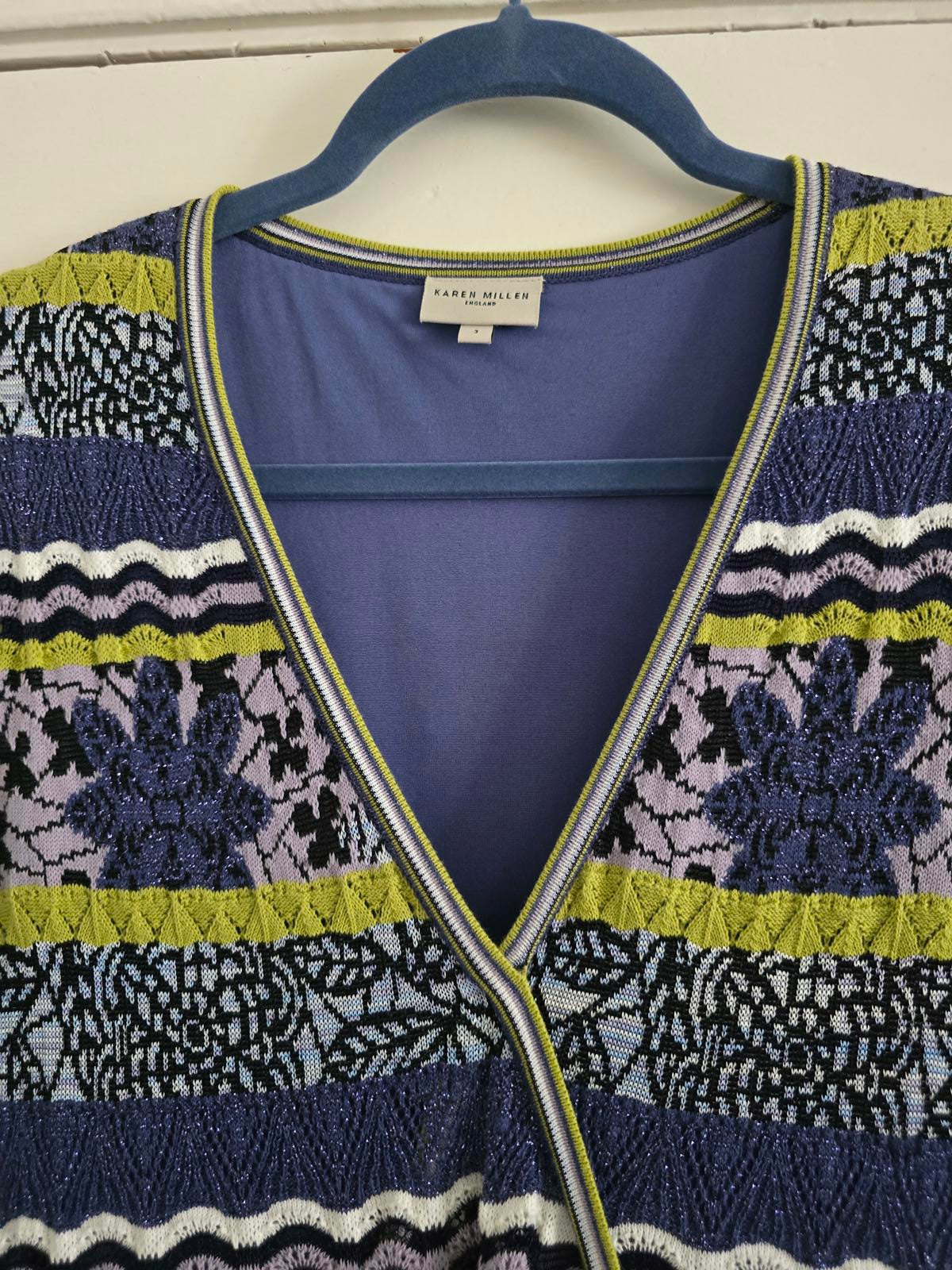 Karen Millen Thin Knitted Patterned Wrap Dress with Ruffle Trim, size 12/14