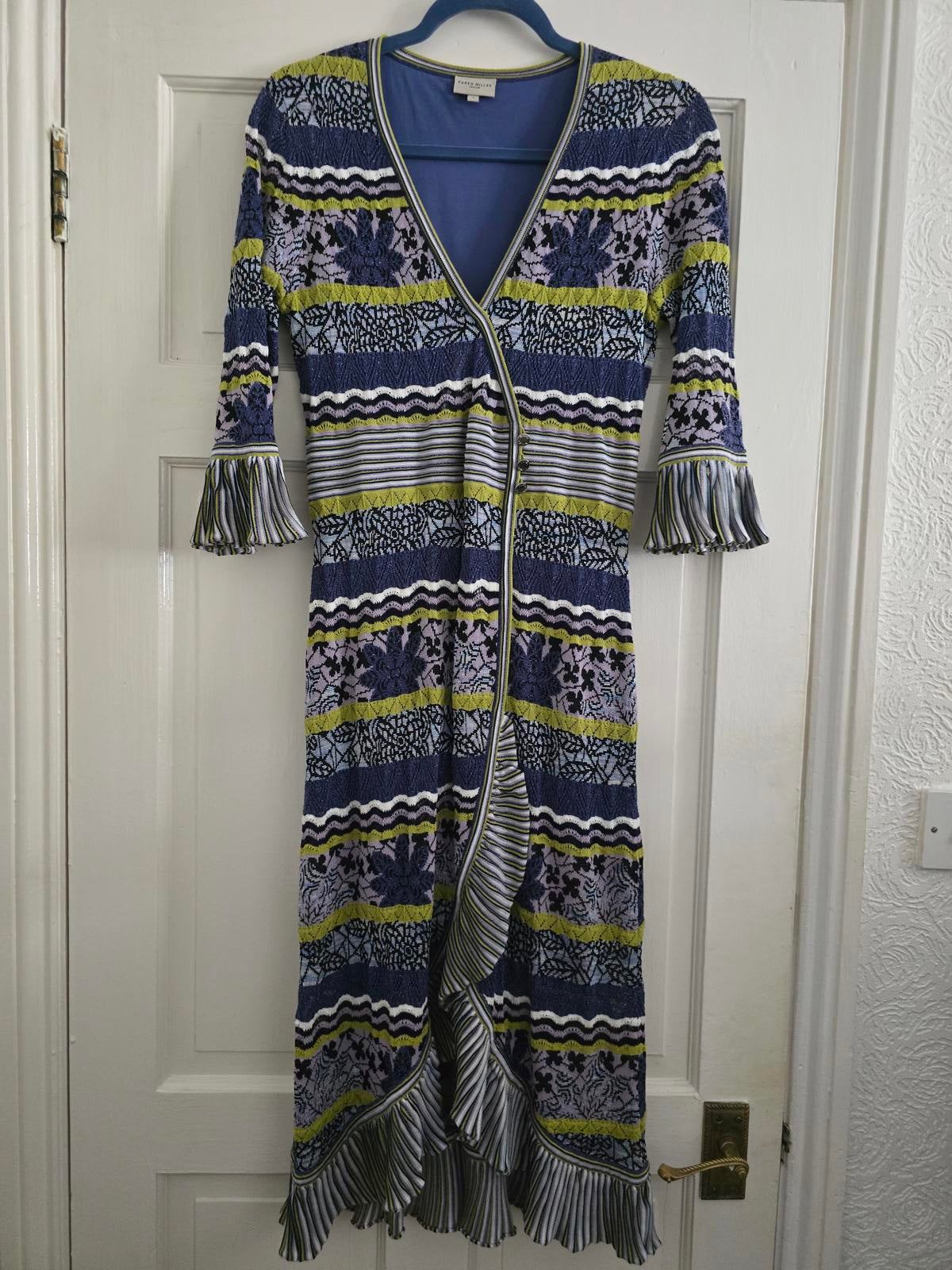 Karen Millen Thin Knitted Patterned Wrap Dress with Ruffle Trim, size 12/14