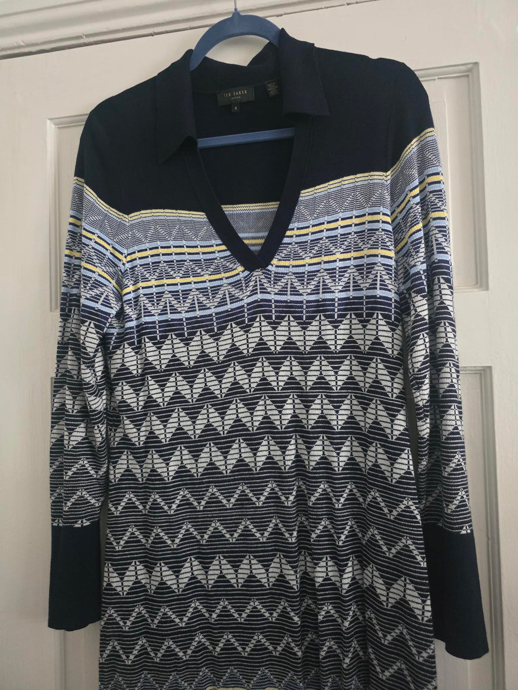 Ted Baker Chevron Knit Collared zigzag Midi Dress, size 4, spring, holiday